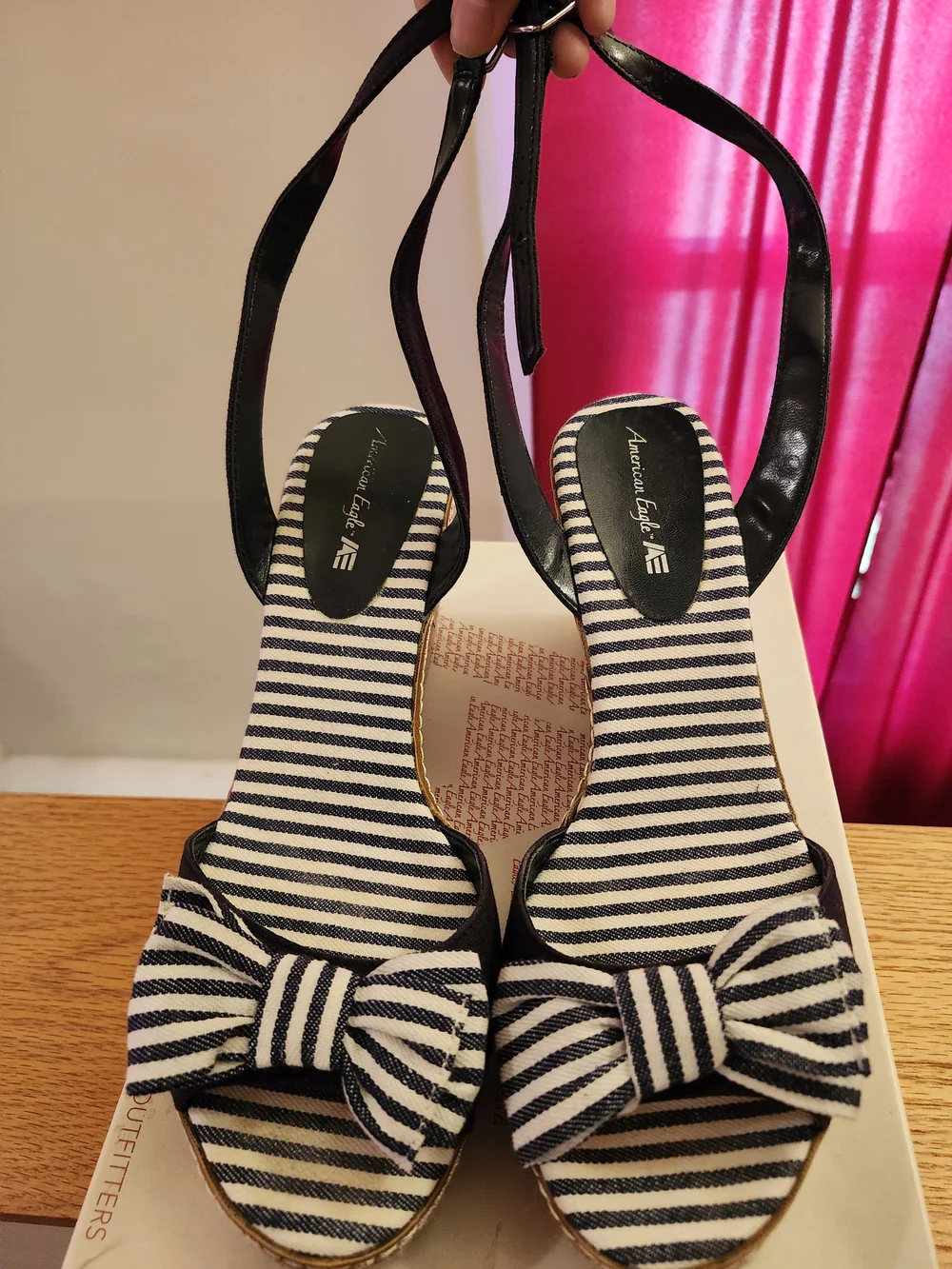 American Age Blue & White Striped Wedge Sandals with Bow